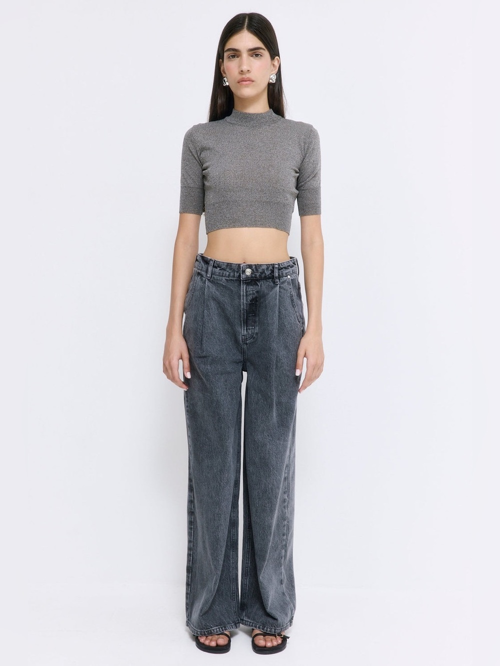 De Rococo No. 12 High Rise Super Wide Denim Non Stretch Jeans Pleating Grey